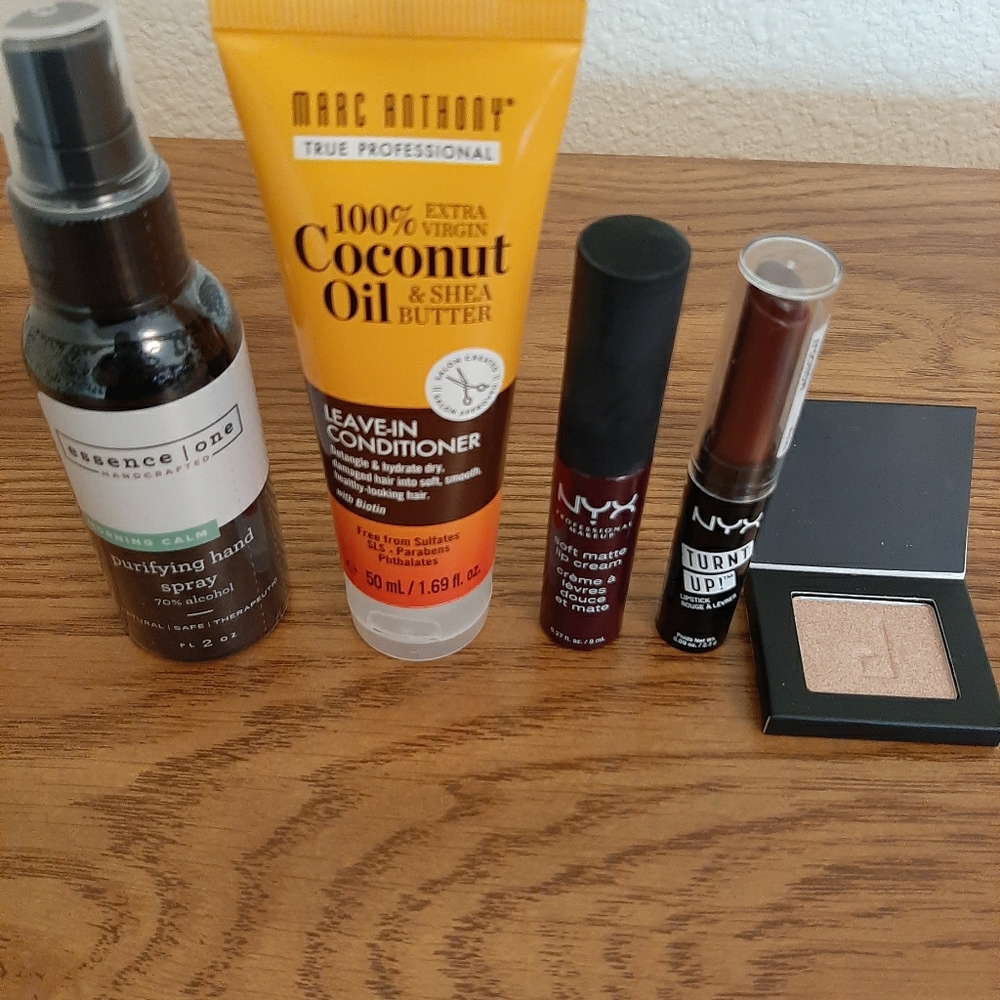 Lipstick, highlighter, leave in conditioner, hand